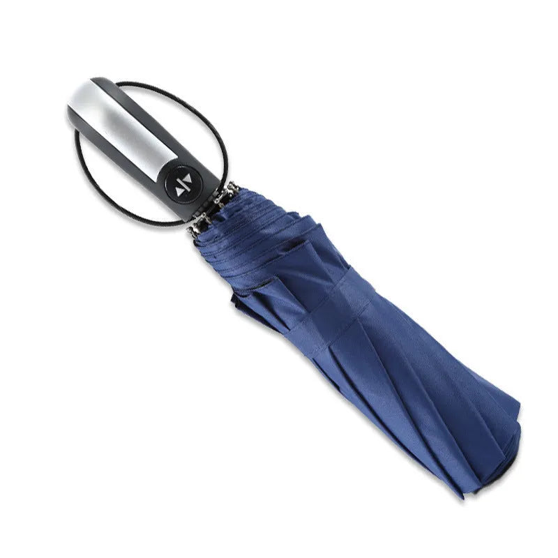 Black triple-folding automatic business umbrella with steel ribs and a palace-style shape.