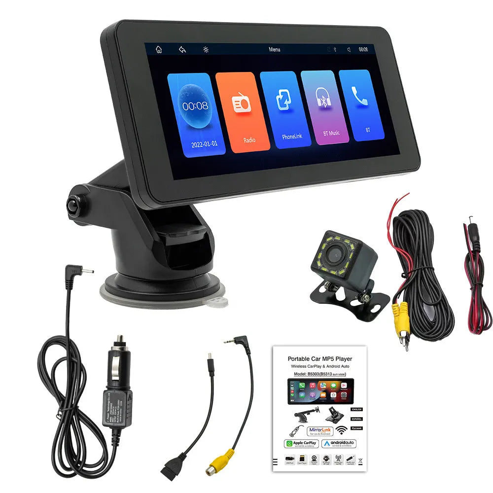 Portable wireless car video player with 6.86-inch screen showing multimedia display