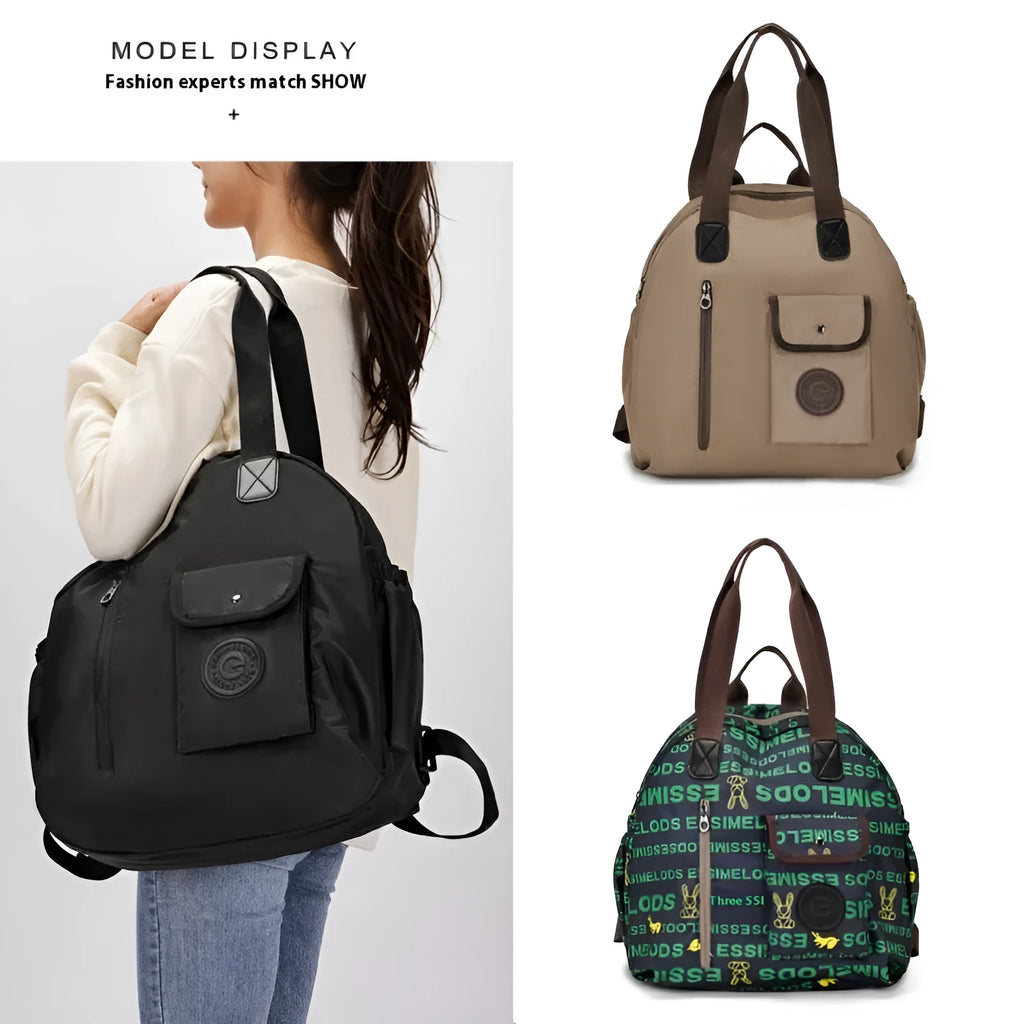 Large lightweight nylon backpack in black, shown with a sandwich pocket and main compartment.