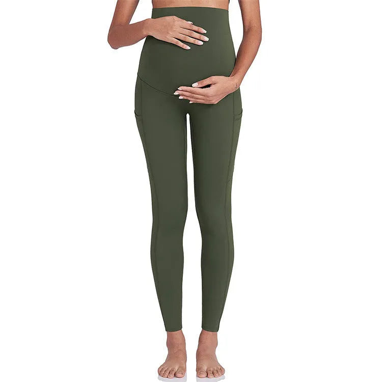 Antenatal yoga workout exercise pants in black, high elasticity polyester, tight fit with abdominal support