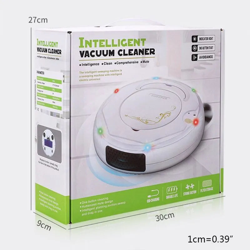 Lazy Smart floor sweeping robot vacuum cleaner in blue, black, or white on a hard floor.