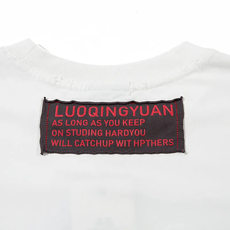 Men's letter affixed cloth embroidered printed short sleeve pure cotton t-shirt in white and black, front view, sizes M to XXL