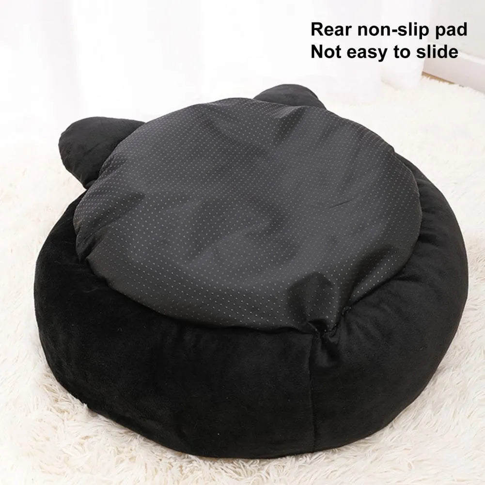 Black cat shape velvet pet nest bed with raised edges for head support