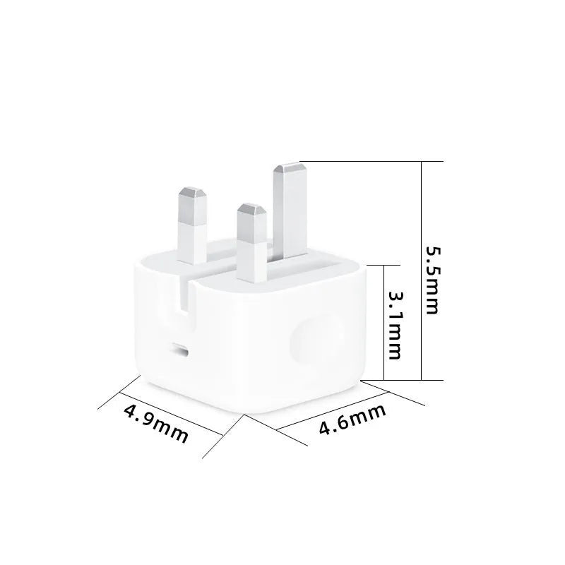 White 20W UK plug USB-C fast charger with a coiled Type-C charging cable.