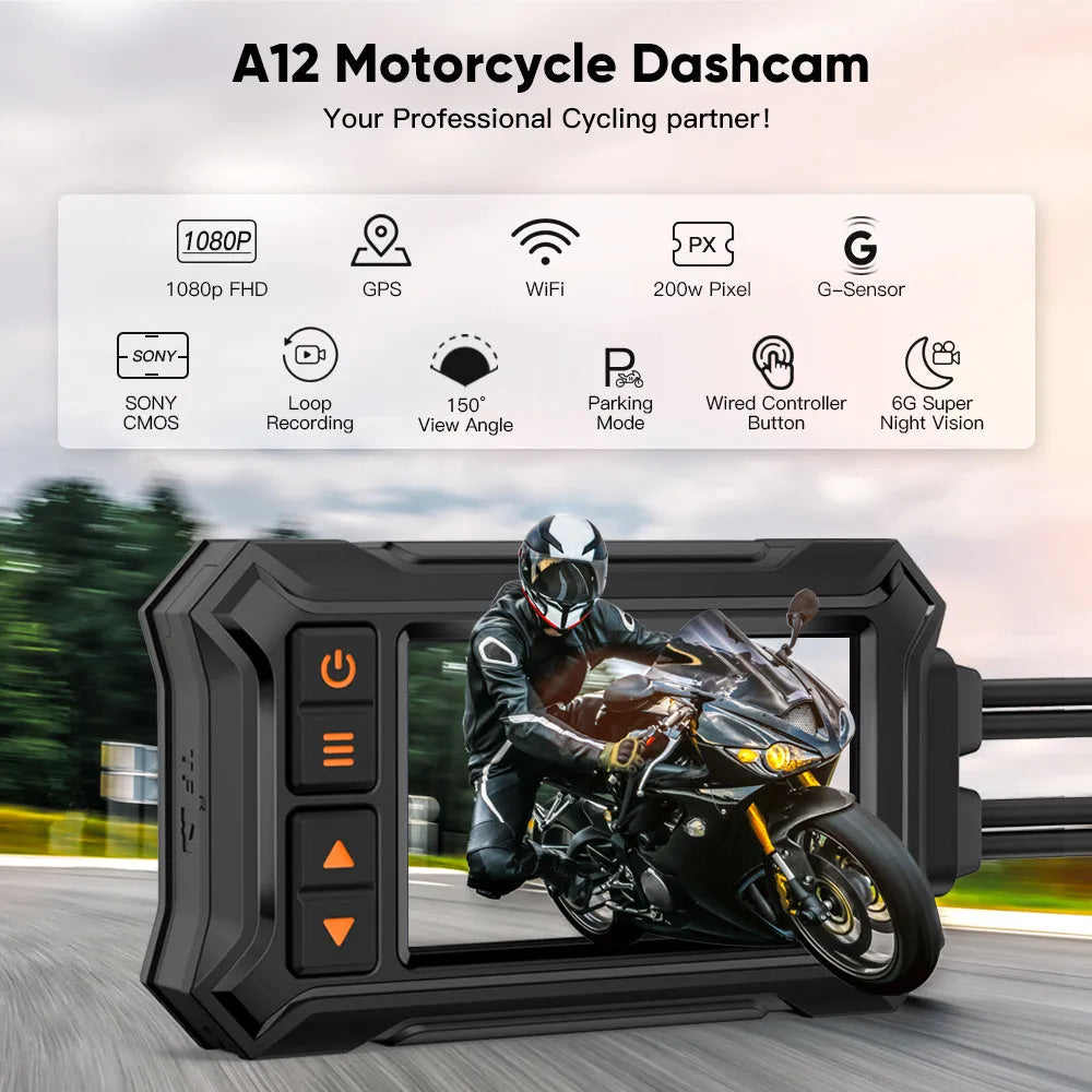 3 inch waterproof motorcycle tachograph dash cam with dual lenses, GPS module, and power cables on a handlebar.