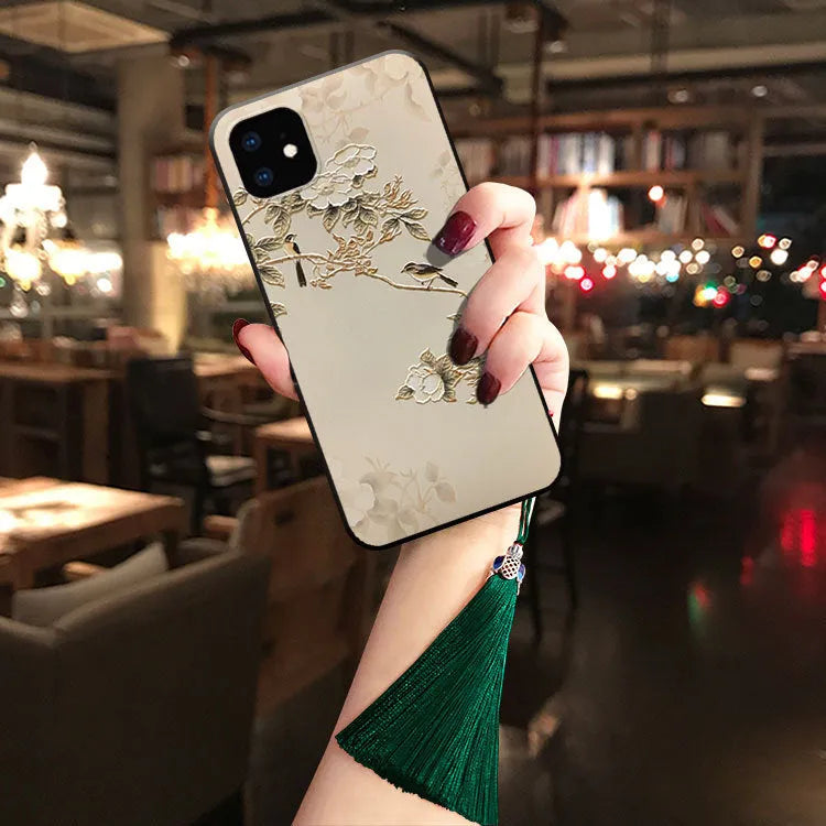 Custom soft TPU phone case with magnolia magpie design, dark green tassel and h-ring, suitable for iPhone 11 Pro Max