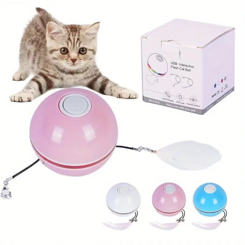USB rechargeable electric cat toy with LED light-up ball and rotating feather attachment
