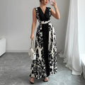 Sleeveless floral print colour-block midi dress with V-neck and high waist, in black polyester