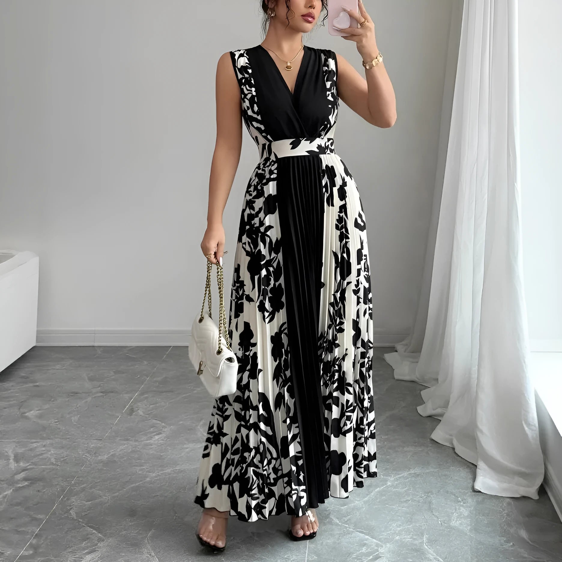 Sleeveless floral print colour-block midi dress with V-neck and high waist, in black polyester