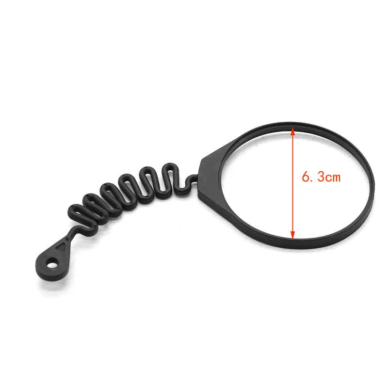 Black rubber fuel cap tether for Volvo vehicles, showing circle band and separate rope design options.
