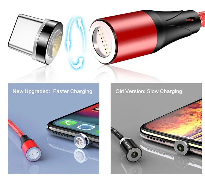 Black magnetic charging cable with LED light indicator for Apple and Android smartphones