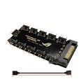 Black AURA RGB 10-port 5V ARGB hub with SATA power connector for PC lighting control.