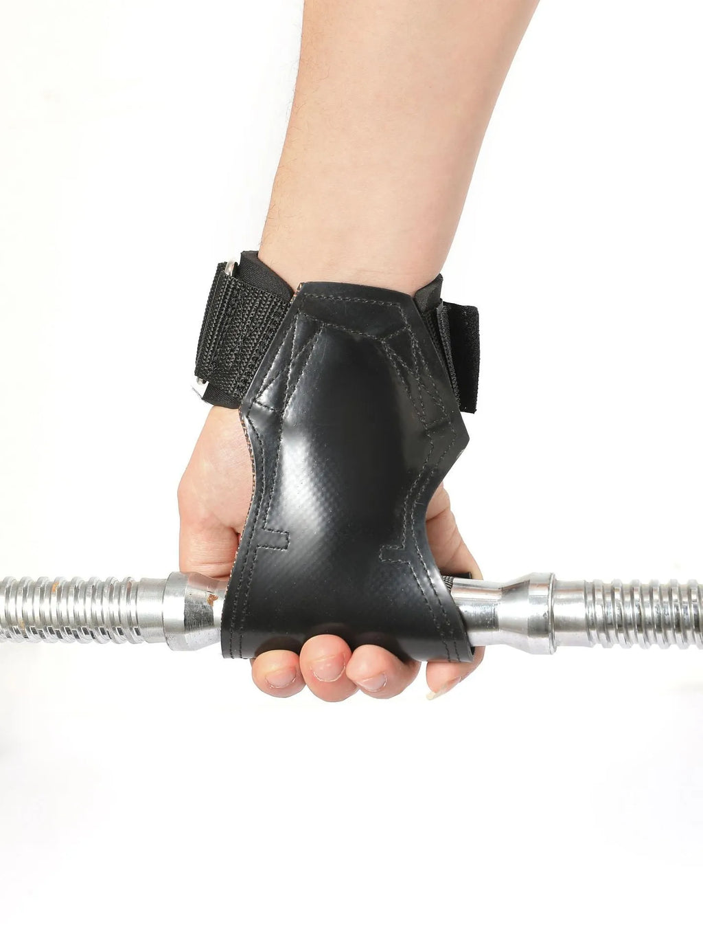 Black rubber weightlifting palm grips and assist belt set for barbell pulls.