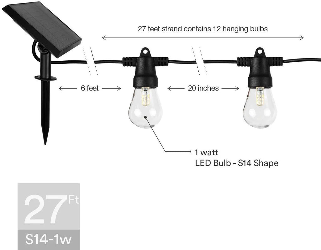 Waterproof solar-powered LED string lights for outdoor garden and patio decoration.