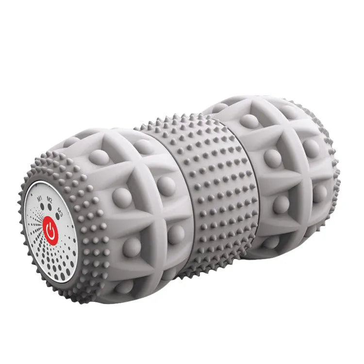 Electric vibrating peanut massage ball in blue-black-grey eco-friendly silicone on a white background