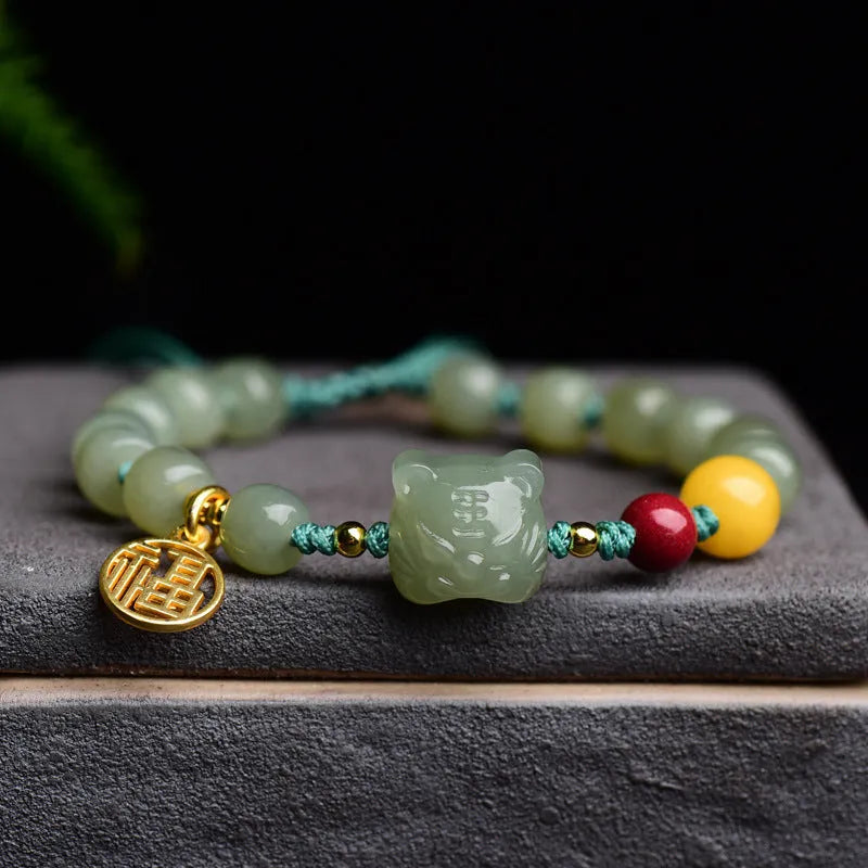 Natural Hetian jade bracelet with cinnabar beeswax beads and animal zodiac modelling