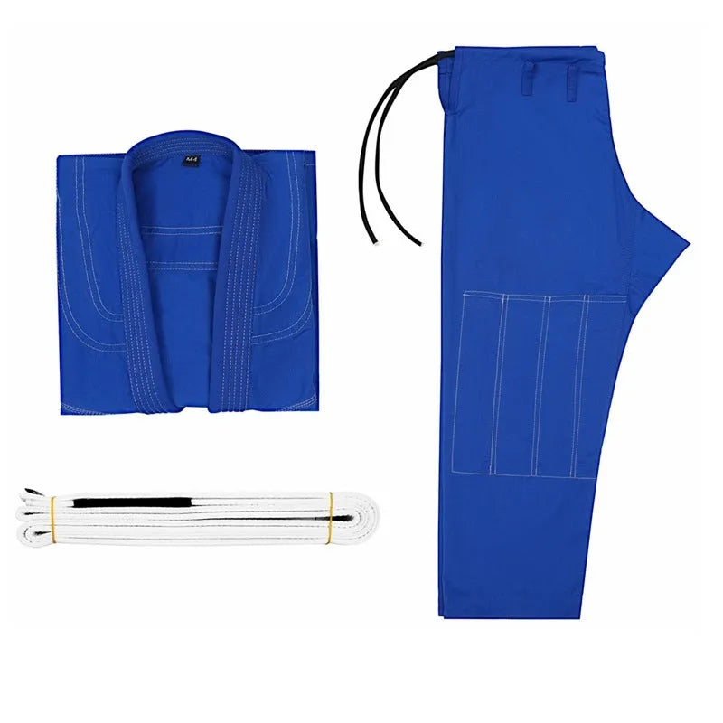 Thin cotton blend Brazilian Jiu-Jitsu uniform in black, showing the top and trousers for adult training.