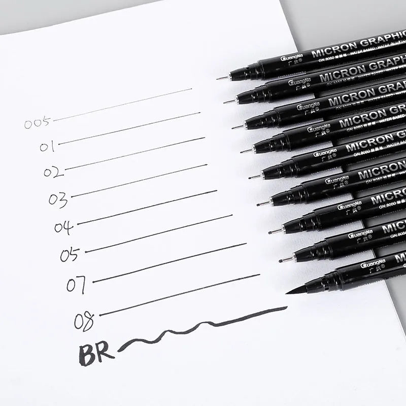 Set of 12 black comic drawing pens with assorted microtip nibs in a fabric organiser pouch.