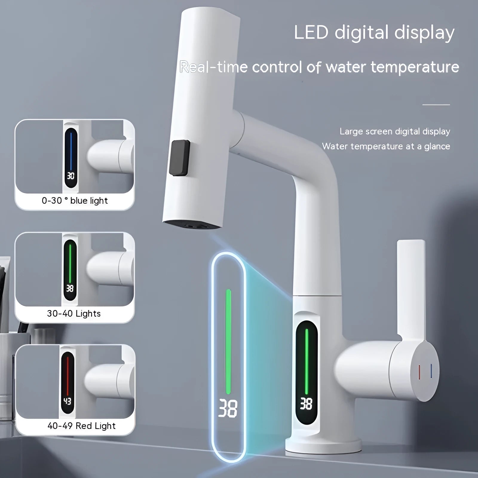 Digital display pull-out kitchen faucet with LED temperature readout and rotating waterfall spout