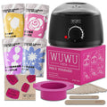 27-piece hair removal wax kit showing four coloured wax beads, electric machine, wax sticks and guidebook