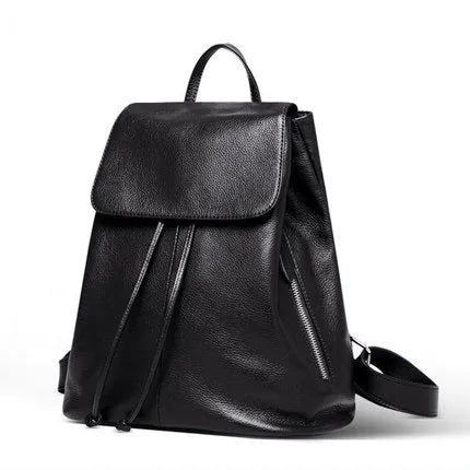 Genuine leather women's backpack in black with waterproof finish and multiple internal compartments