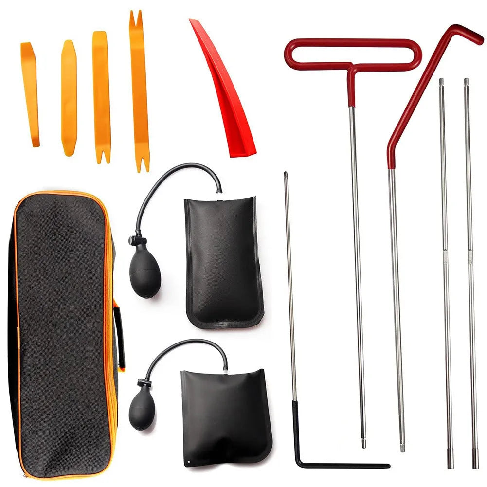 Car tool kit with air wedge pump bag and stainless steel long-reach tools