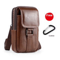 Genuine leather men's waist crossbody bag in black with a lock and vertical square shape.