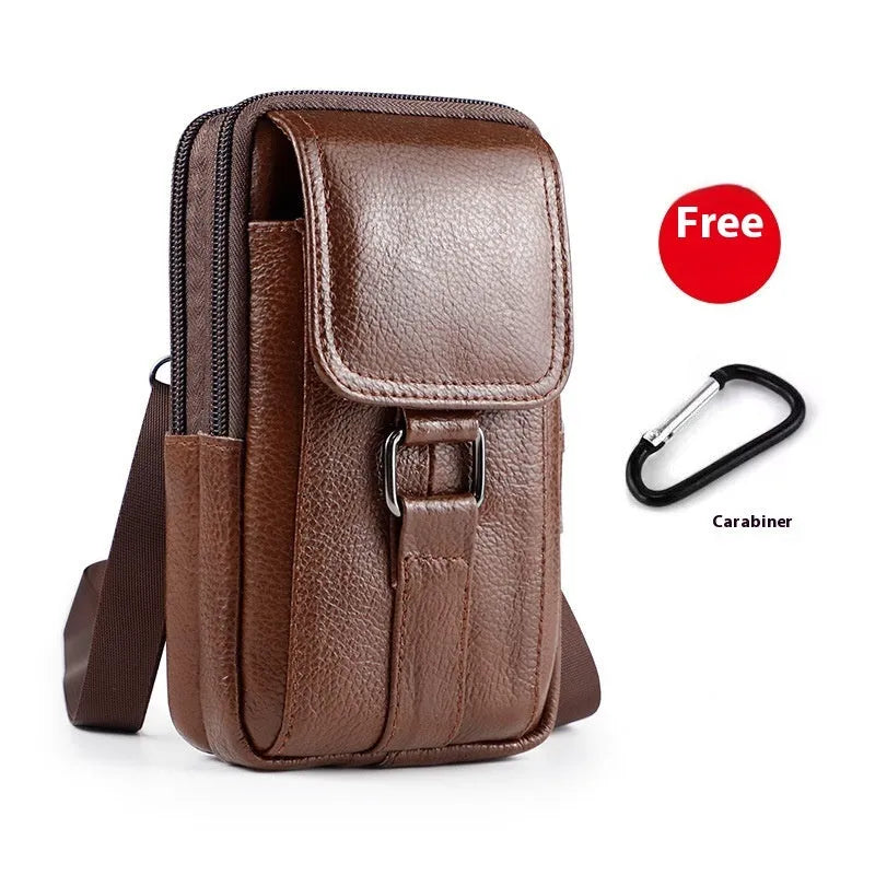 Genuine leather men's waist crossbody bag in black with a lock and vertical square shape.