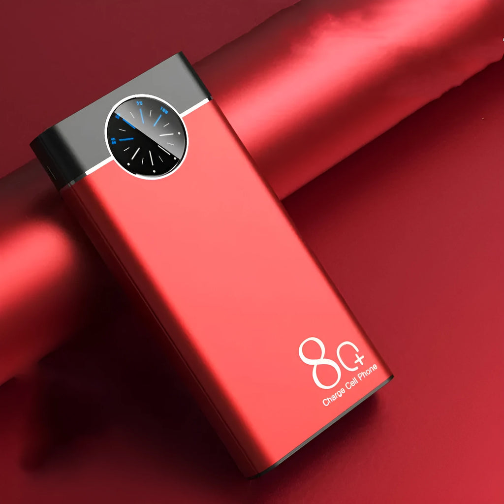 20000mAh alloy fast charging power bank in black, red, and blue colours with LED flashlight