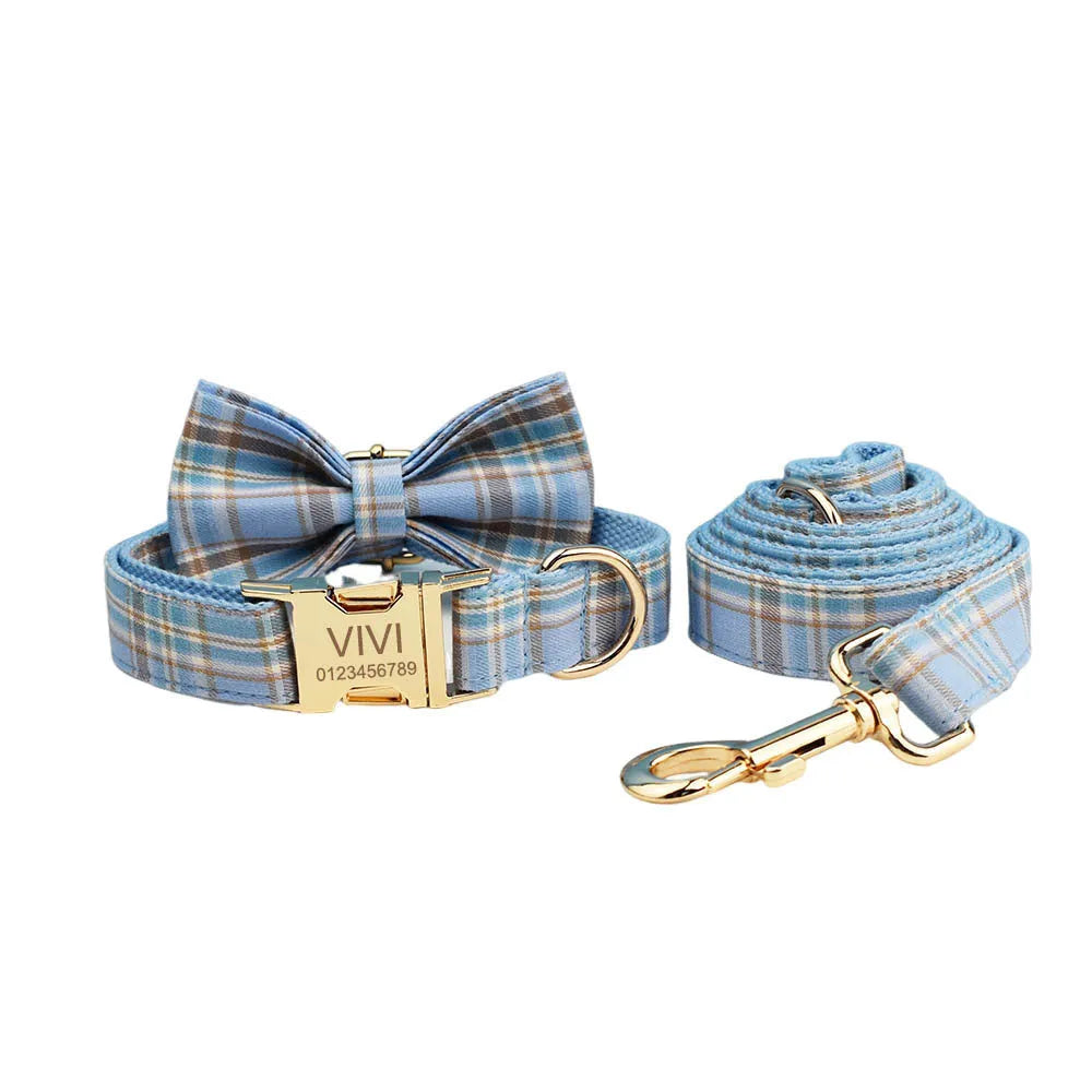 Sky blue grid pattern dog collar and leash set with matching vest and decorative bow