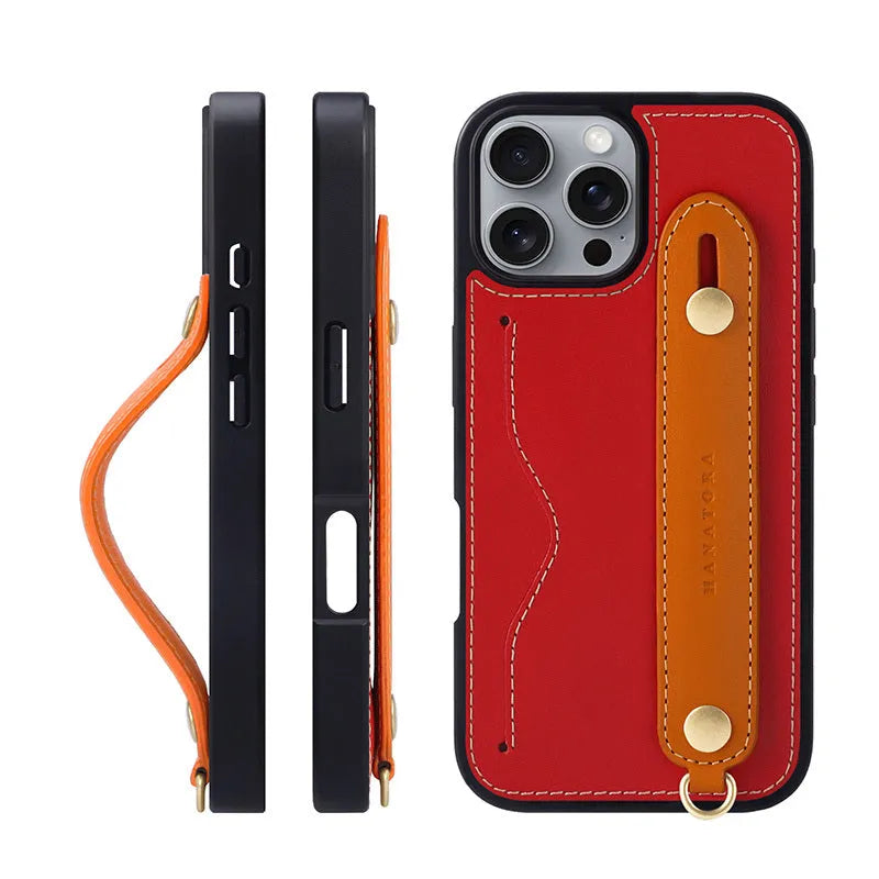 First layer cowhide leather phone case with card holder and lanyard for iPhone 15 Pro Max in blue and black