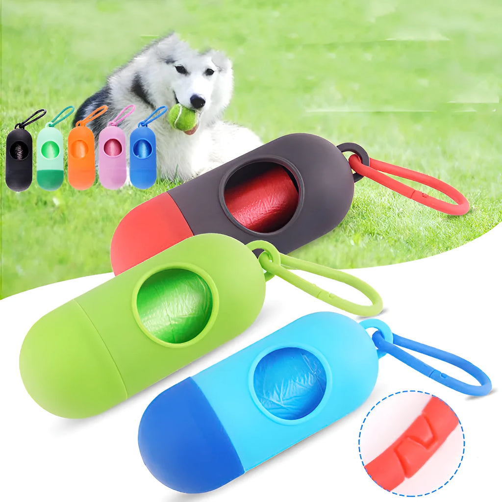 Compact dog poop bag holder with side hook and Velcro base, shown in assorted colours