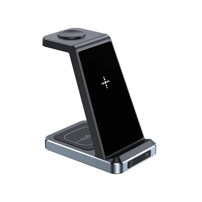 Black three-in-one wireless charger with phone watch and earbuds on charging pad