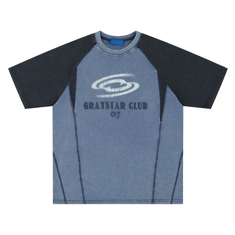 Man's blue hip hop letter print T-shirt with raglan sleeves in a loose fit