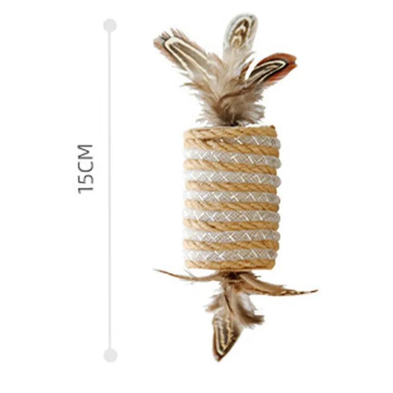 Beige cat toy with hemp rope, feathers, and a sound roller for scratching and interactive play.