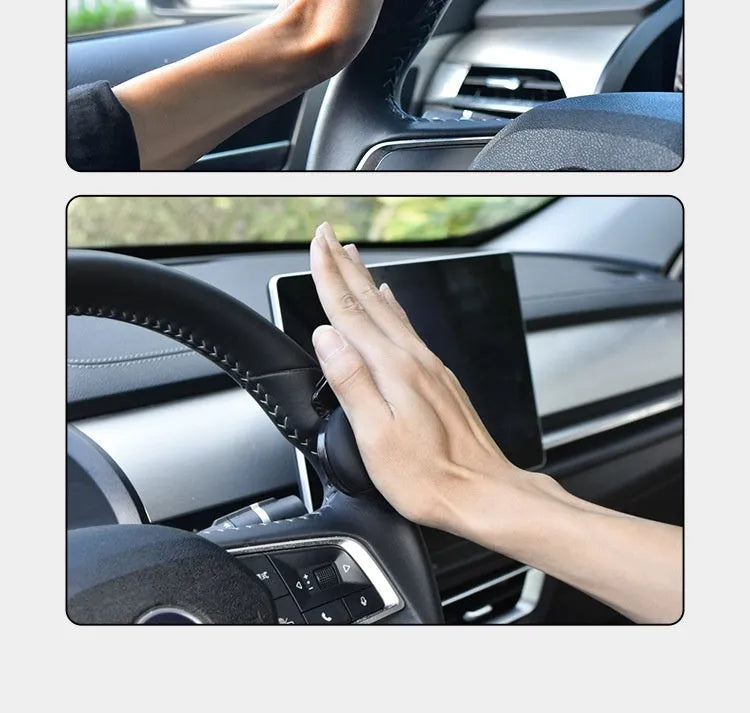 Black and blue silicone steering wheel assist ball showing round design for single-handed steering control.