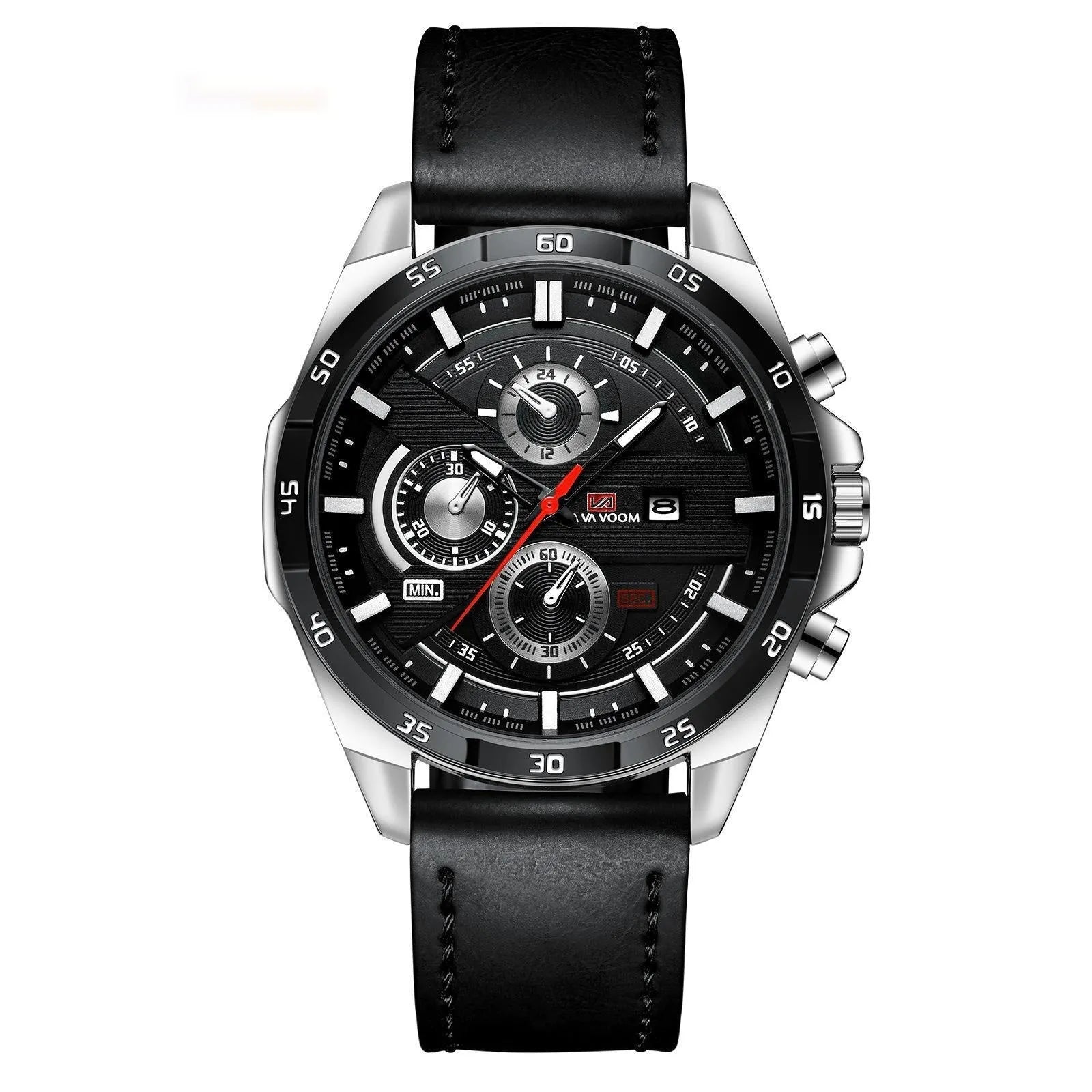 Men's black leather strap watch with rose gold case and calendar window on dial.