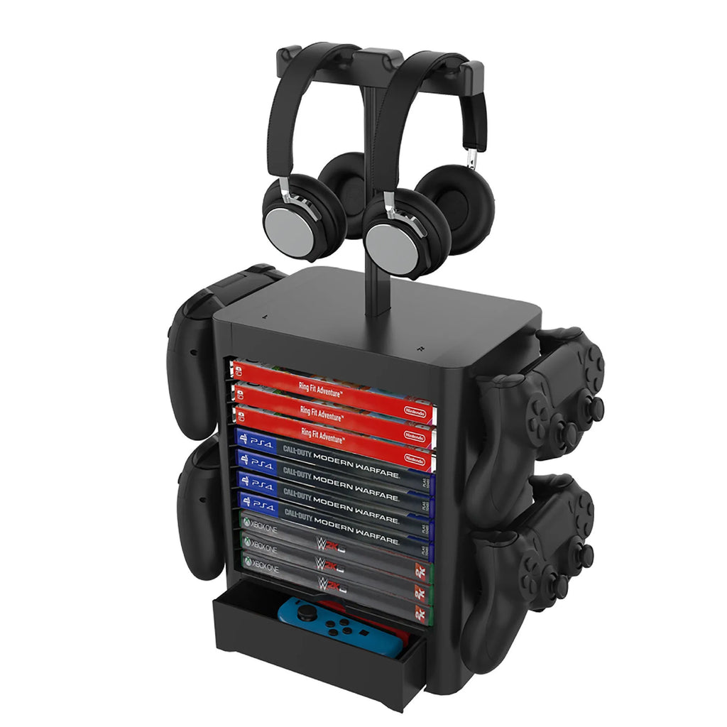 Black ABS gaming console storage rack with hanging controllers, headphone top and drawer for PS5 Xbox Switch accessories