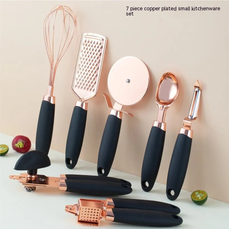 Seven-piece kitchen utensil set with stainless steel blades and copper-plated handles in multiple colour options
