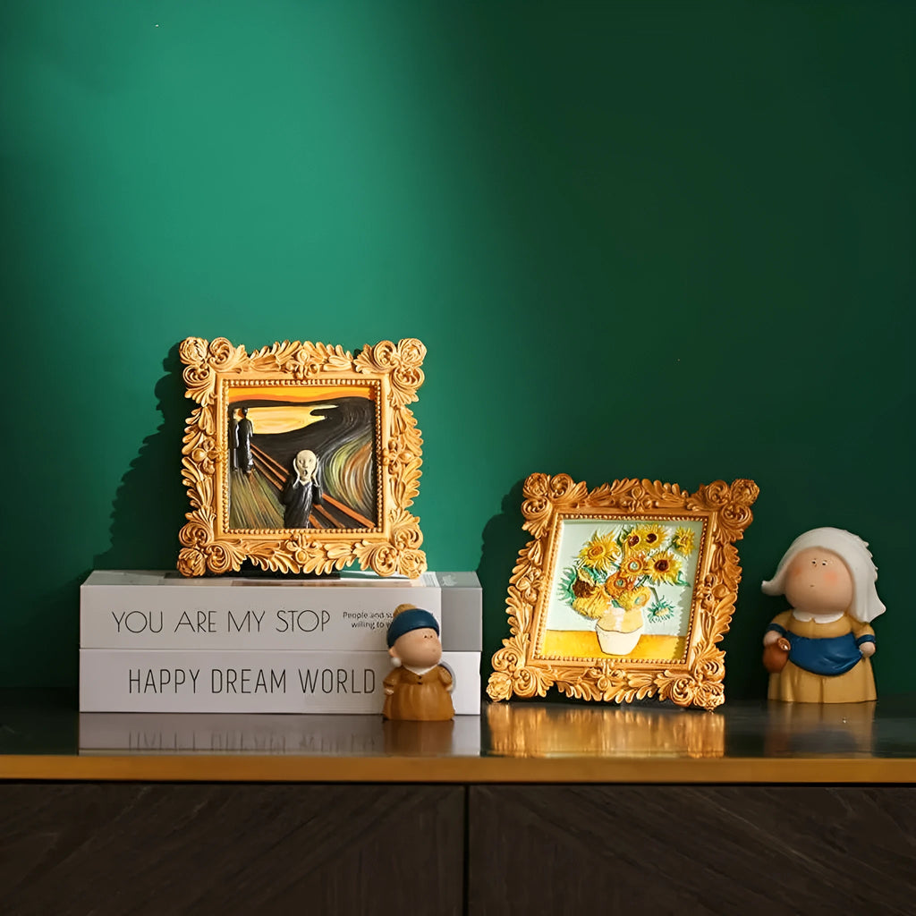DIY hand drawn oil painting kit showing epoxy pottery base, propylene paints, brushes, and a completed framed Van Gogh 'Starry Night' example.