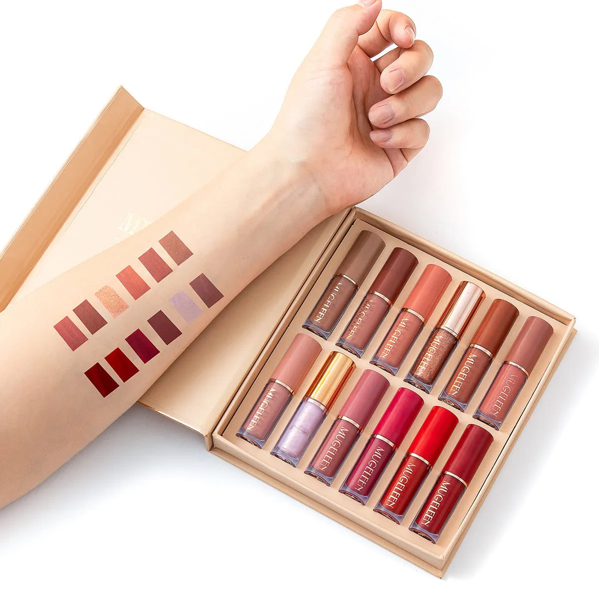 Matte shimmer lip glaze set with 12 colours featuring nonstick cup technology
