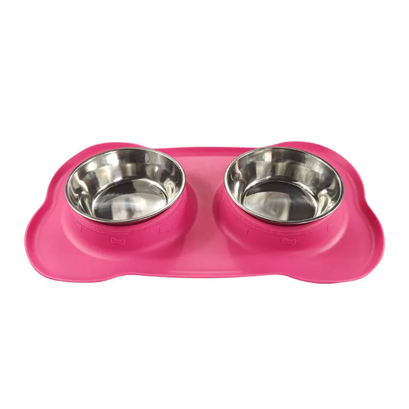 Silicone double compartment dog bowl with stainless steel inserts in blue colour