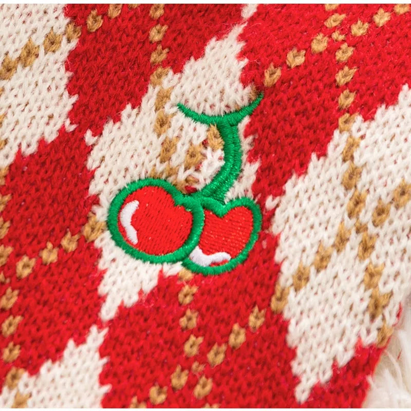 Red and white argyle knitted dog sweater with cherry embroidery for small dogs and cats
