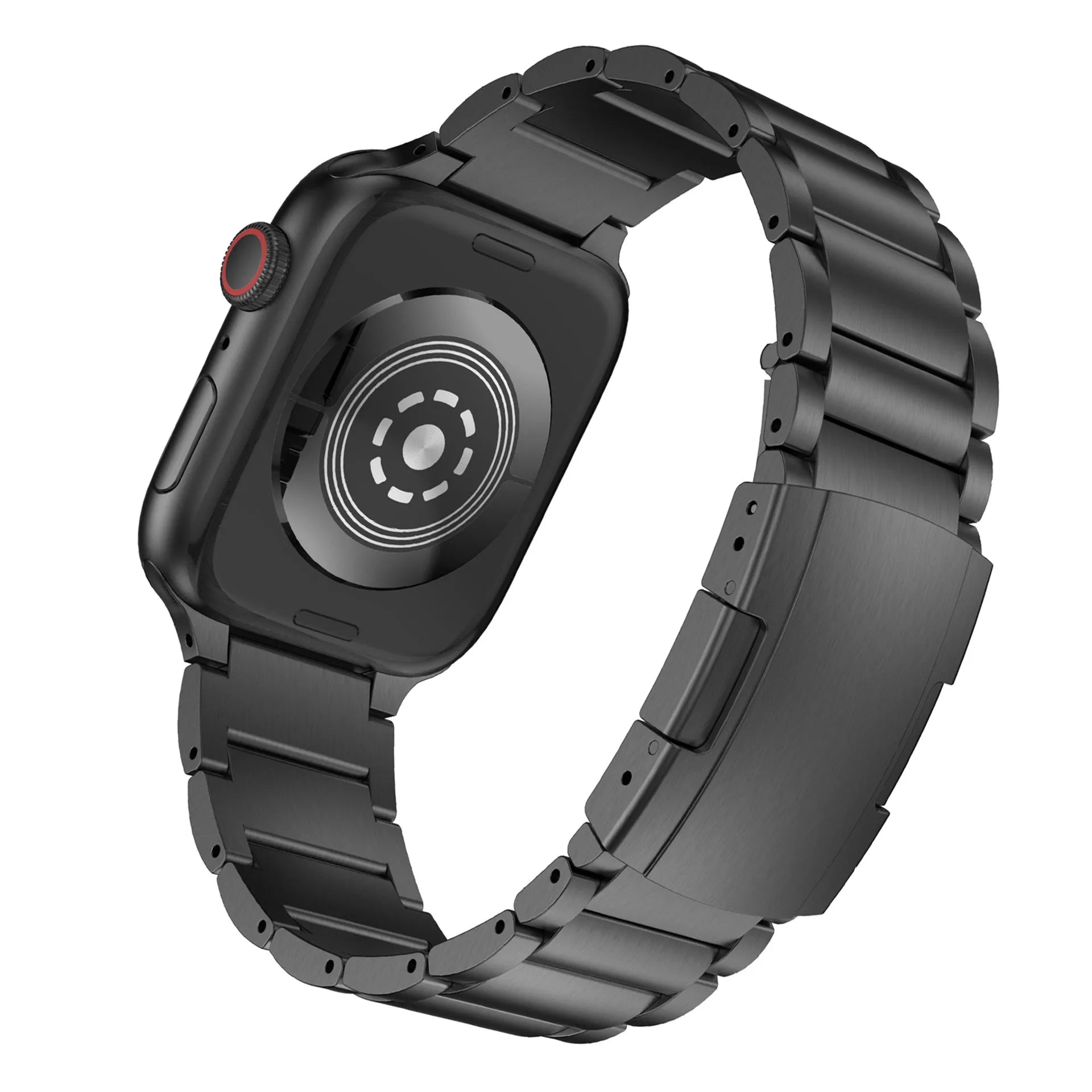Black titanium alloy Apple Watch replacement band with a folding metal buckle.