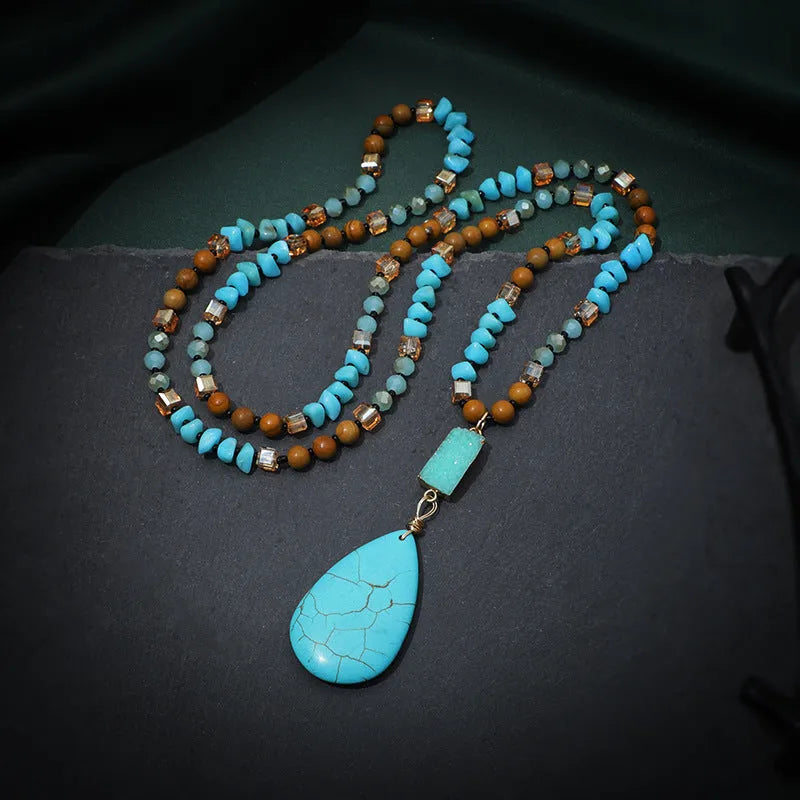 Turquoise blue heart-shaped water drop pendant necklace with mixed gem inlays on ball bead chain