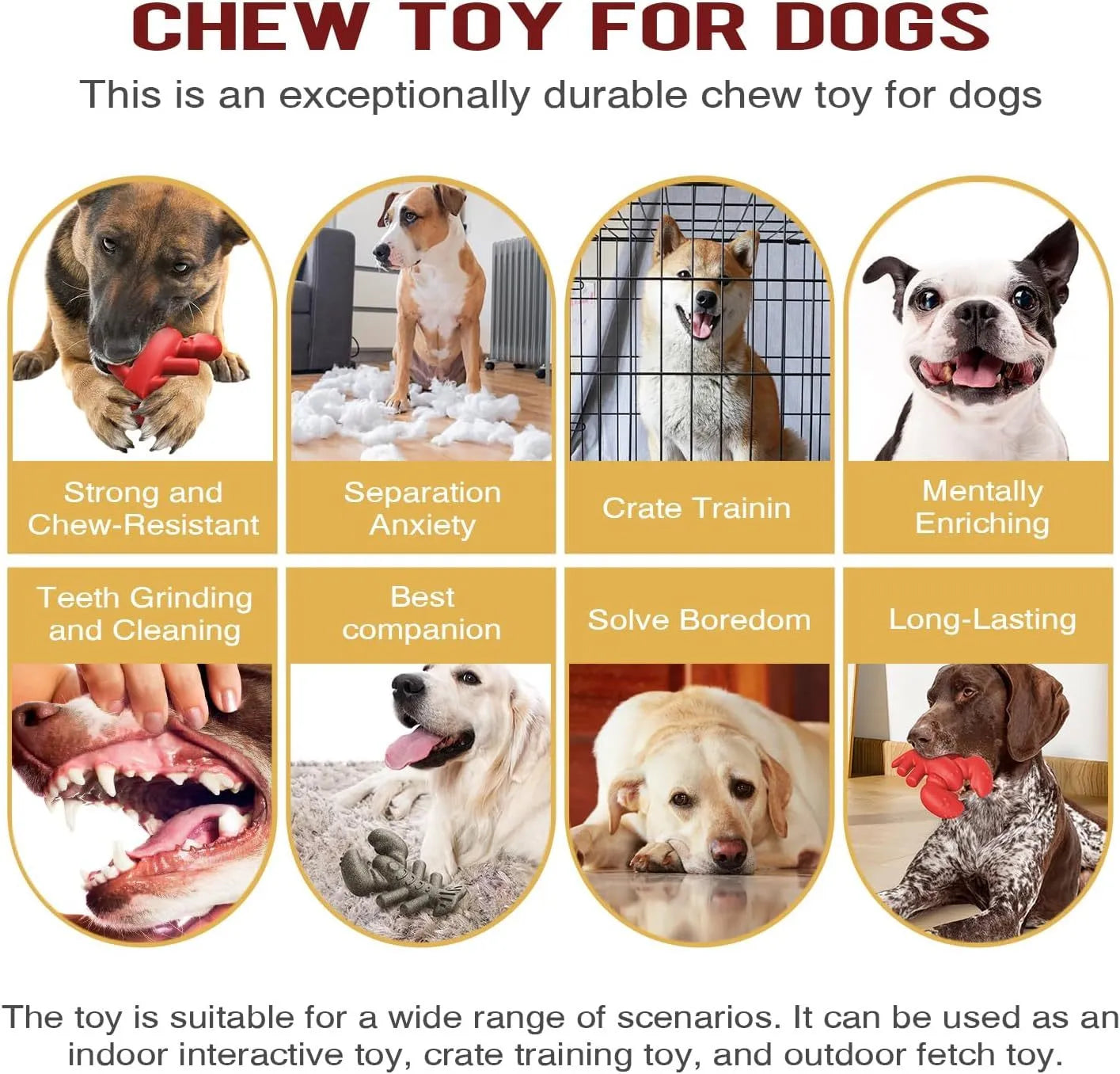 Red durable dog chew toy for large aggressive chewers, shown with size dimensions.