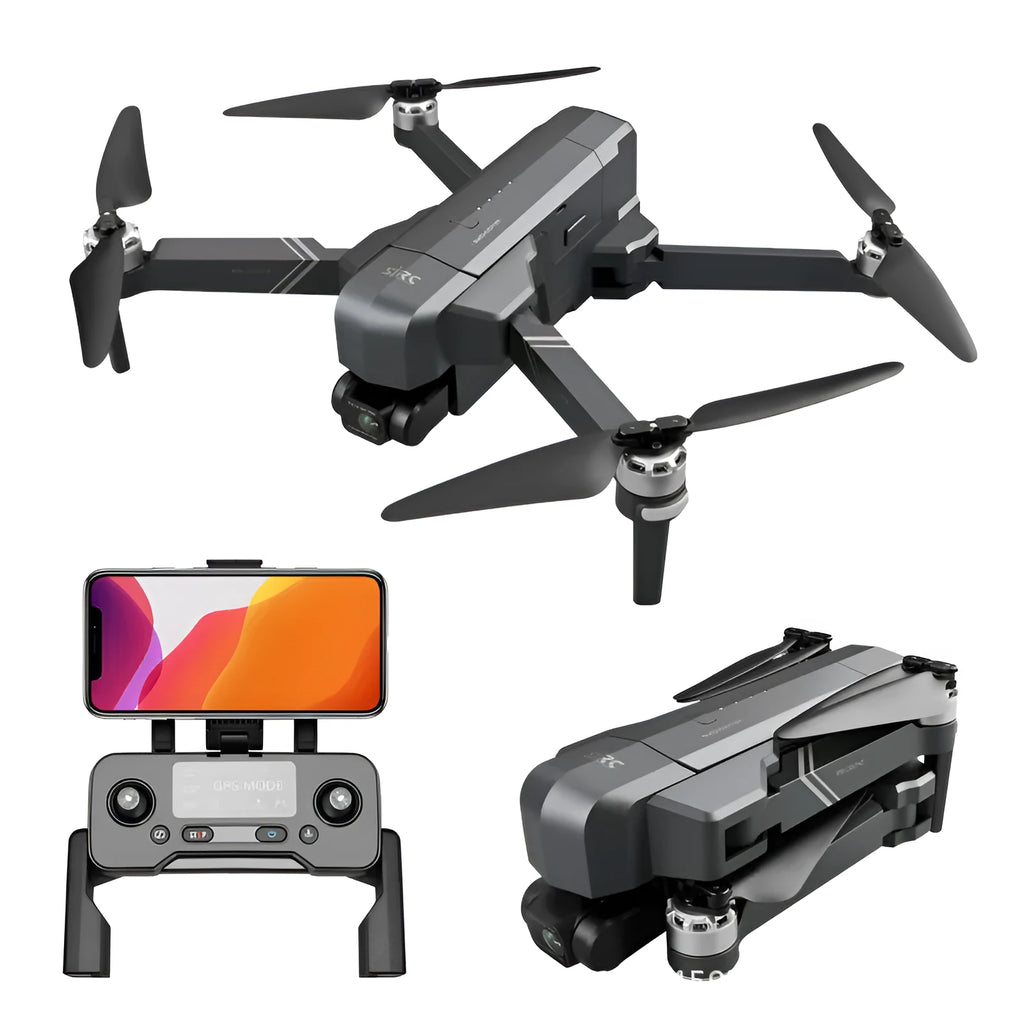Black F11s PRO GPS folding drone with 4K camera shown in both expanded and folded configurations