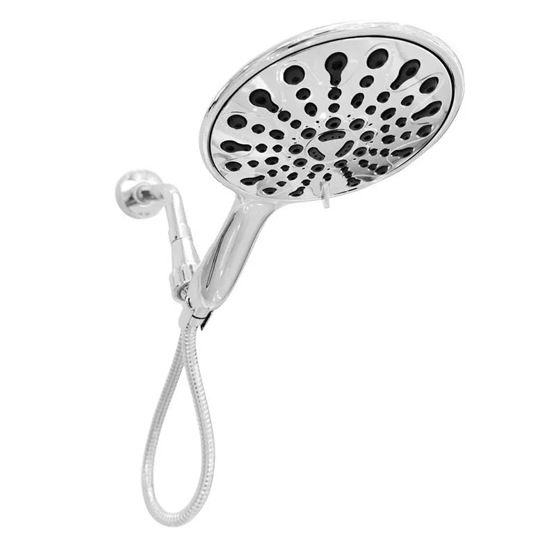 Six-function handheld shower head with electroplated finish and 6-inch diameter face.