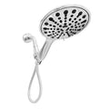 Six-function handheld shower head with electroplated finish and 6-inch diameter face.