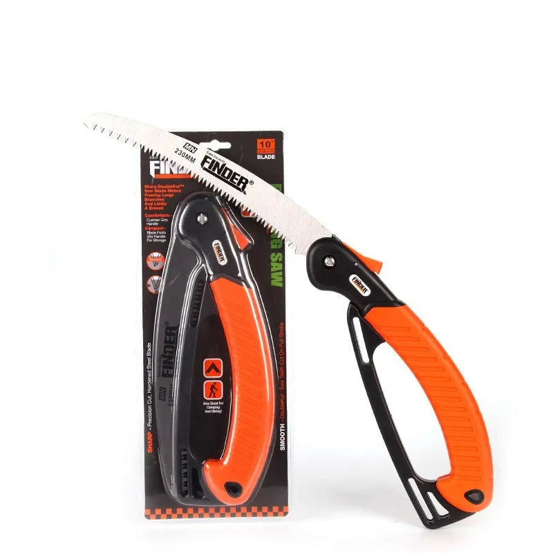 A folded and an unfolded view of a silver 230mm garden pruning saw with a black TPR grip handle.